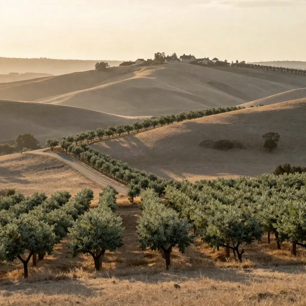 Sunset orchard rows below hazy foothills with a small town on the ridge.