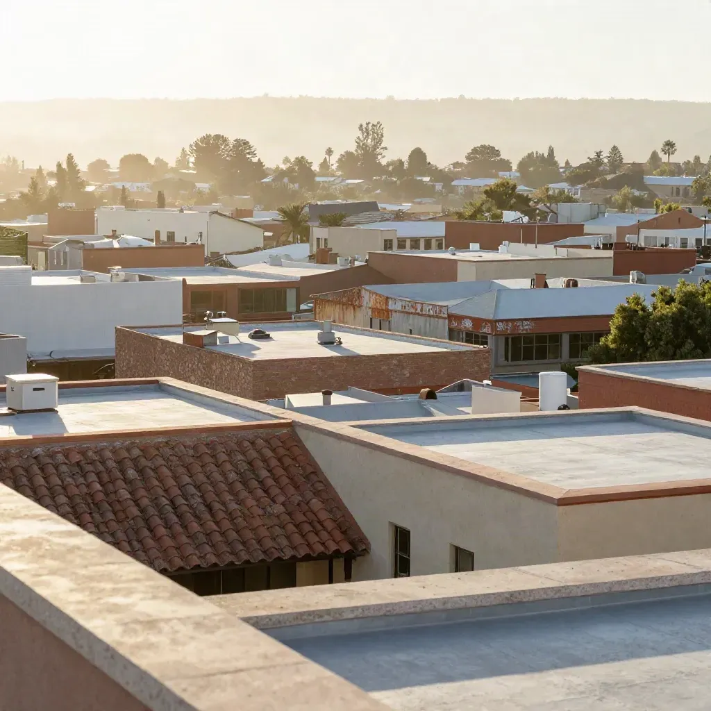 Downtown Chico rooftops and Bidwell Park canopy in warm morning haze