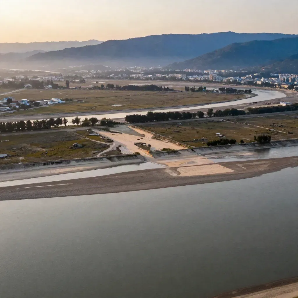 Hazy river plain with levees, low city edges and blue mountains at golden hour.