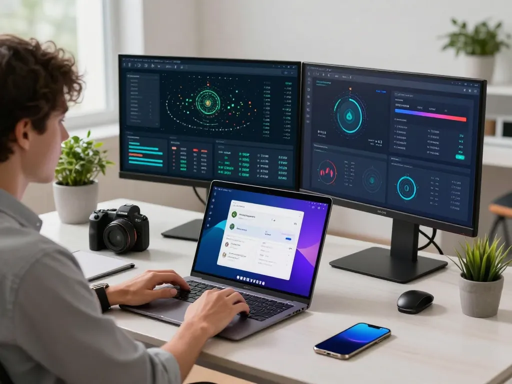 快连 user navigating VPN features on a sleek modern laptop in a bright workspace