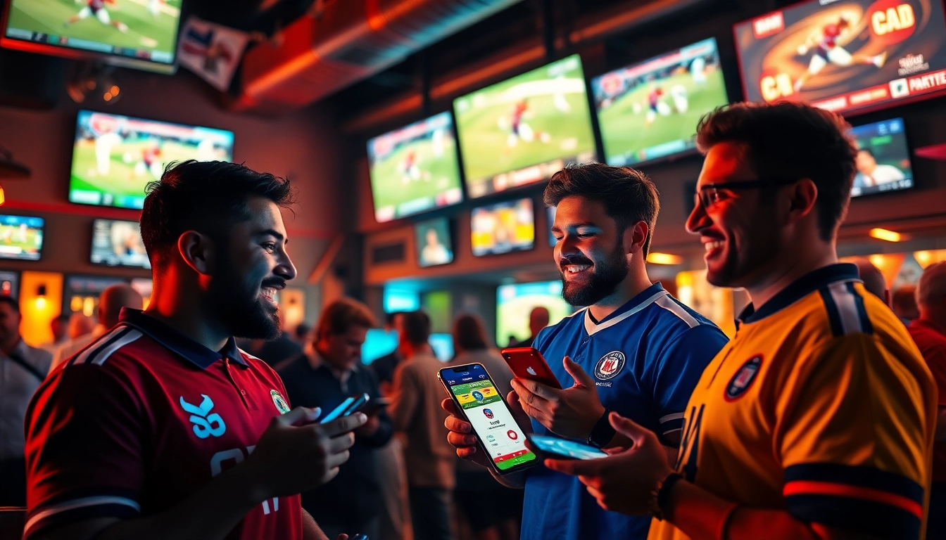 Engaged users exploring sports betting apps Canada in a vibrant bar setting with live sports.