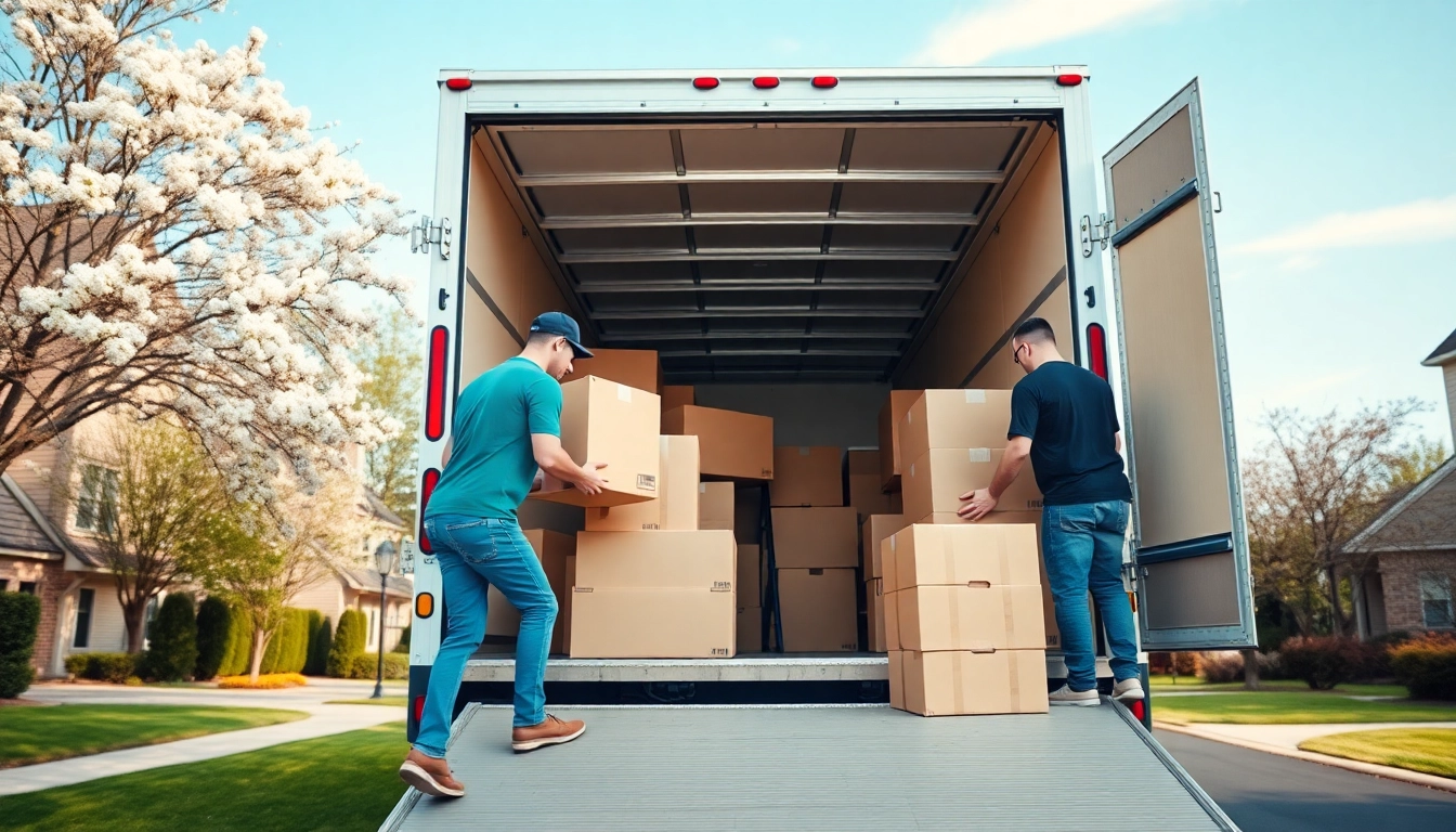 Team loading boxes for wellen moving services in a cheerful suburban neighborhood.