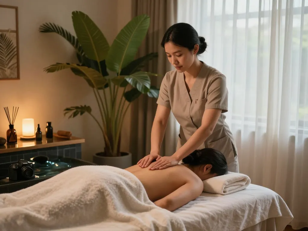 Relaxing massage scene at maxim-anma.net with professional therapist and soothing environment for premium wellness experience.