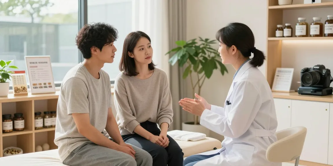 Consultation scene at 영통한의원 with a practitioner and patient in a modern clinic setting.