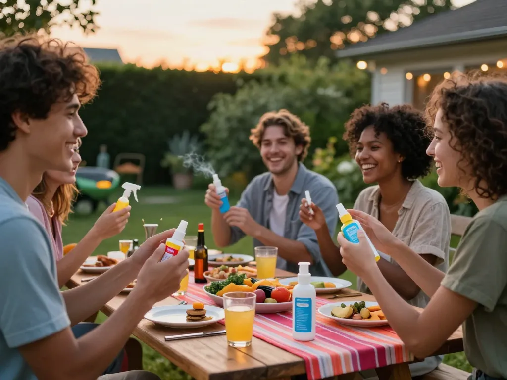 Friends applying mosquito repellent at a summer barbecue, showcasing effective outdoor protection.