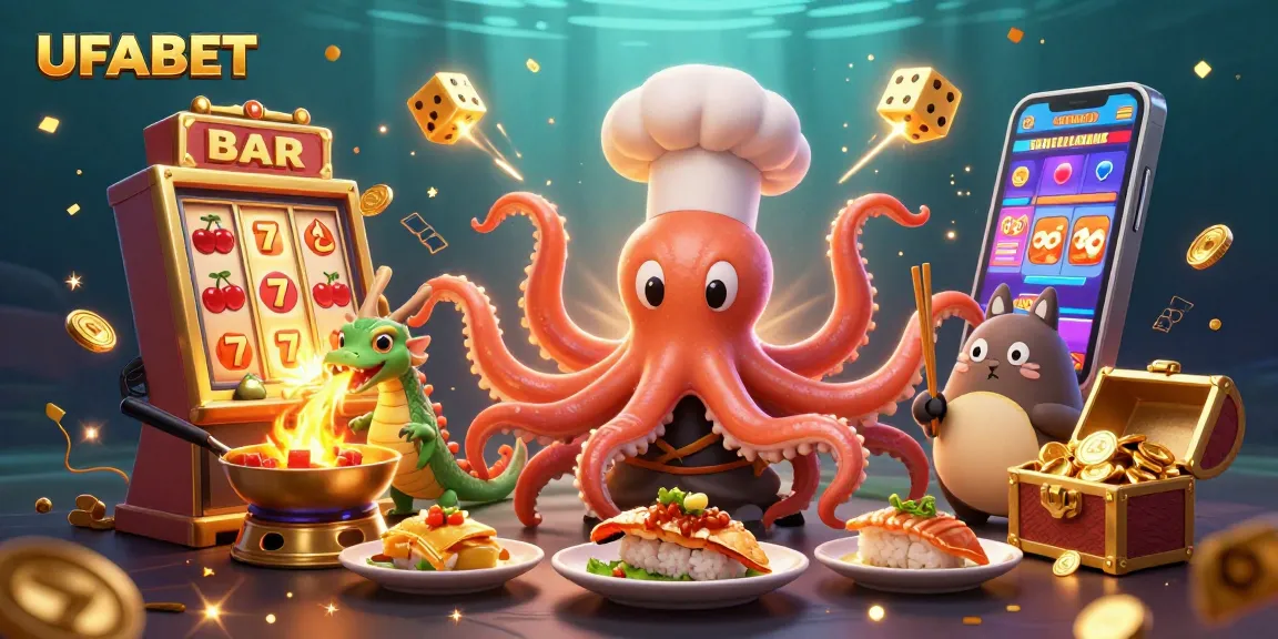 Engage in the excitement of UFABET with vibrant gaming illustrations featuring an octopus chef and fantastical elements.
