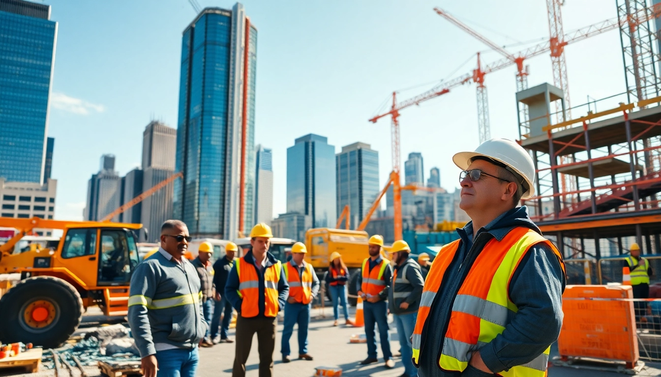 New York Construction Manager leading a diverse team at a busy construction site.