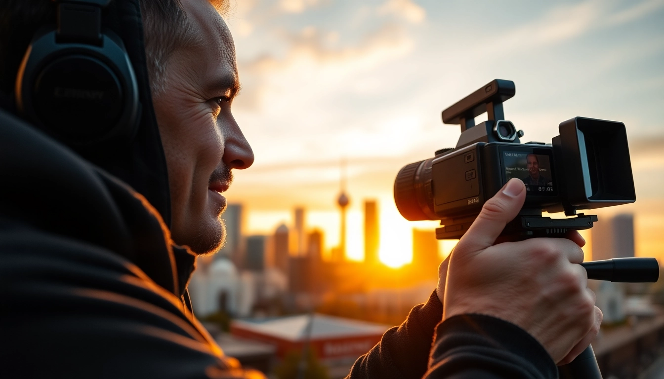 Edmonton videographer capturing stunning urban landscapes during sunset with professional equipment.