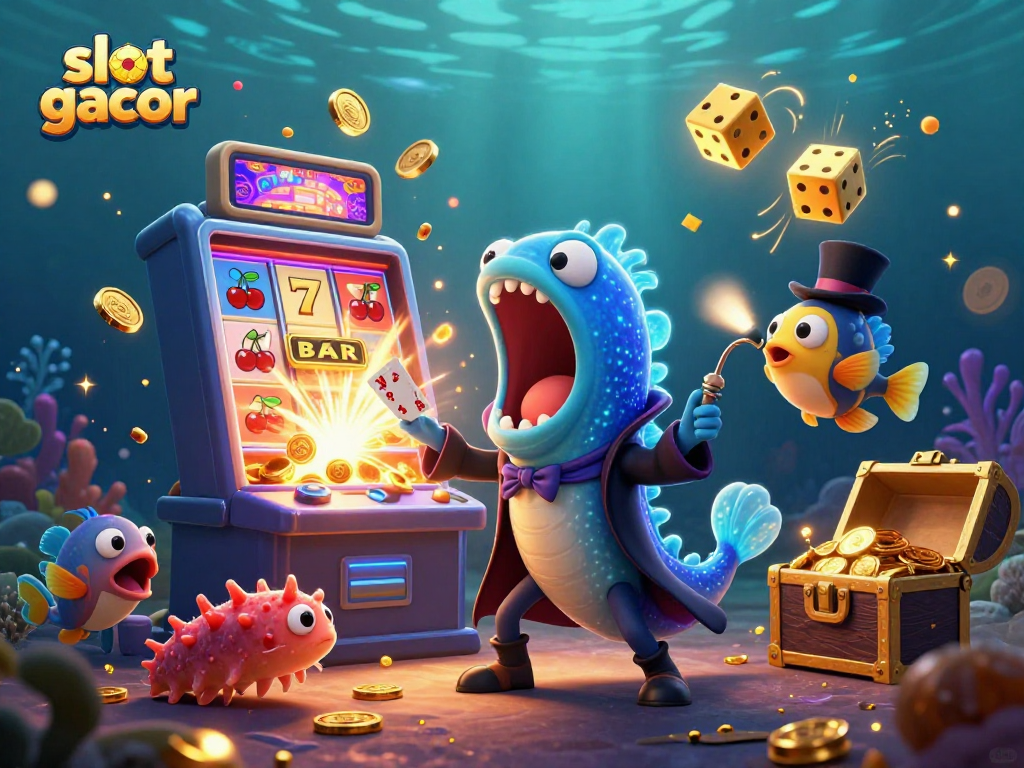 Slot gacor menghadirkan ilustrasi ajaib dengan elemen kasino di bawah laut.