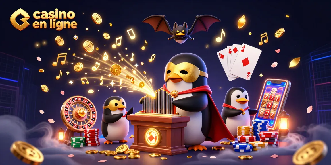 Plongez dans l'univers du casino en ligne avec cette scène dynamique montrant un pingouin magicien jouant un orgue fantastique.