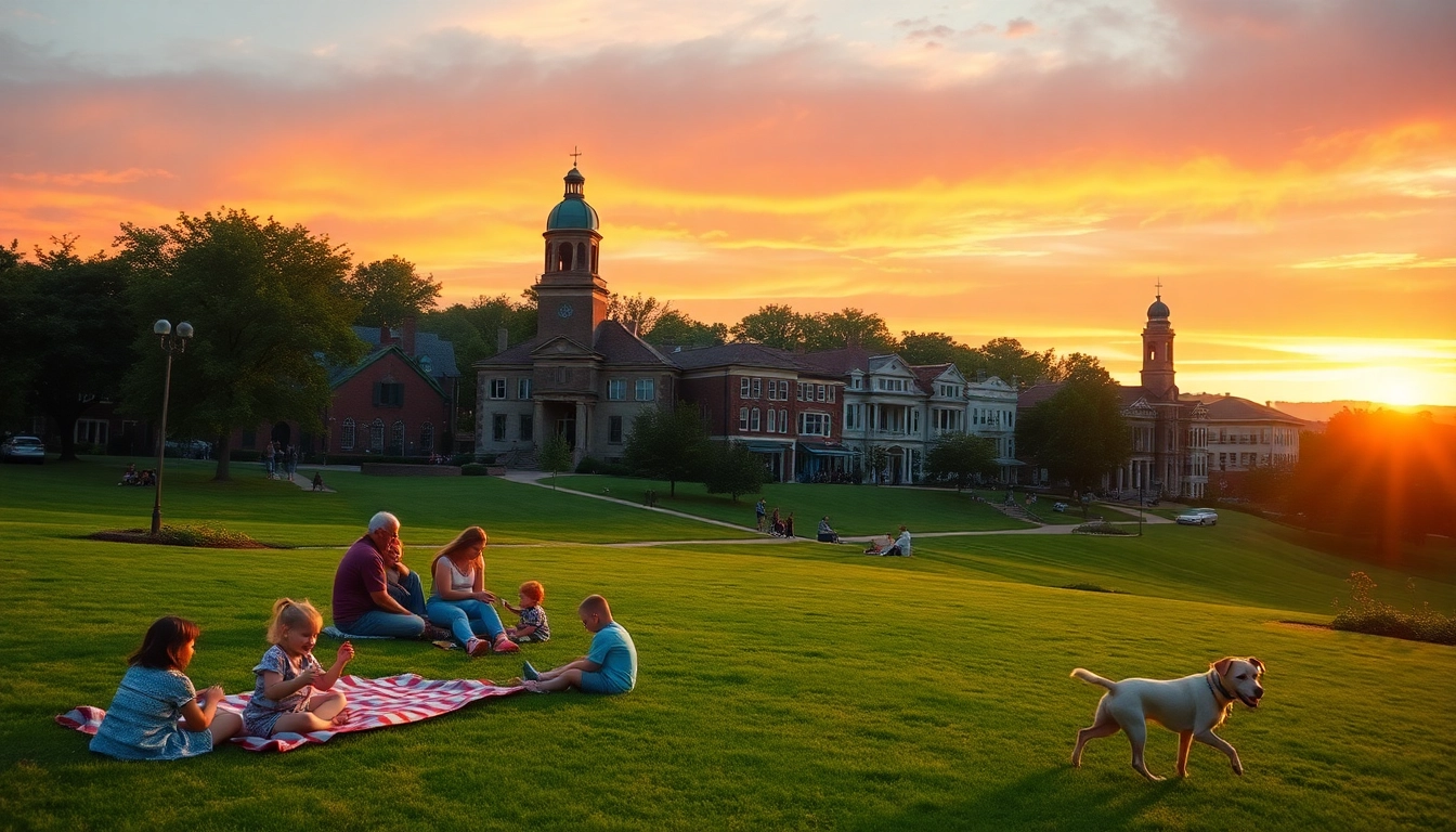 Families enjoying a picnic in Clarksburg against a vibrant sunset backdrop.