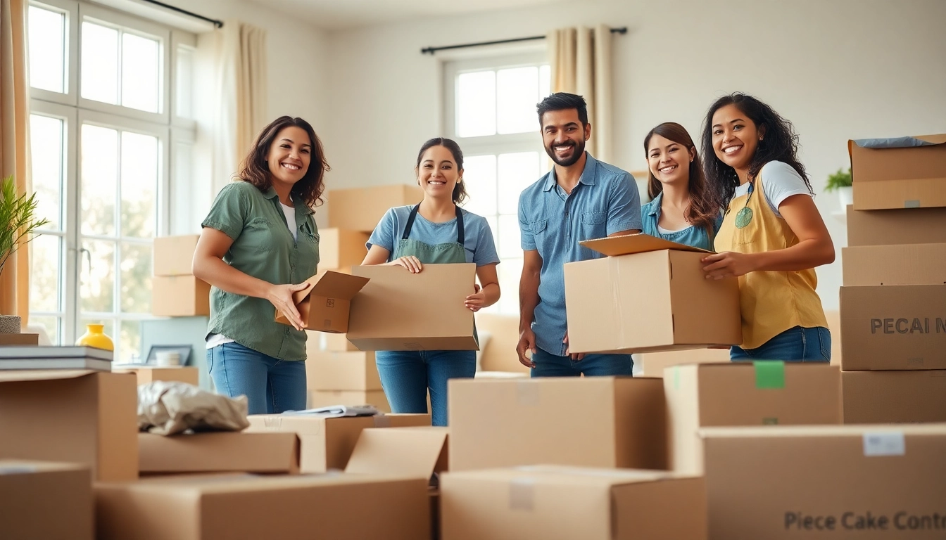 Showcasing a joyful team of movers engaged in piece of cake moving, efficiently working in a sunny room.