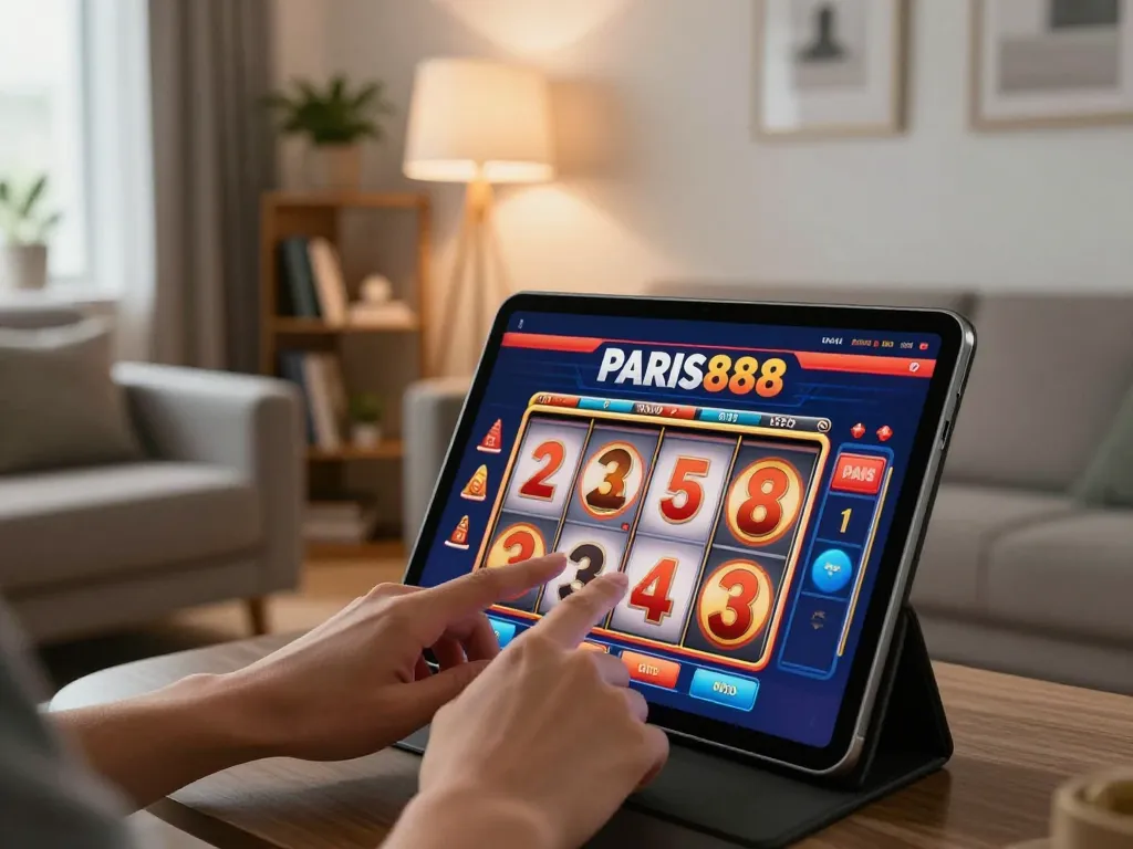 Engaging gaming moment at home featuring paris888 online slots with a player tapping tablet screen.