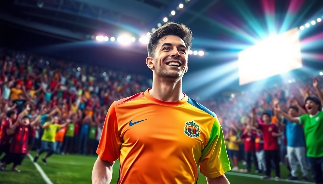 Shop for vibrant discount football shirts showcased by a professional player in an energetic stadium.