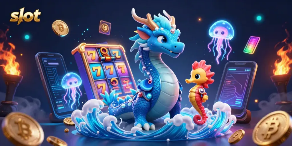 Permainan slot dengan penggambaran naga dan kuda laut berani yang dikelilingi elemen cryptocurrency.