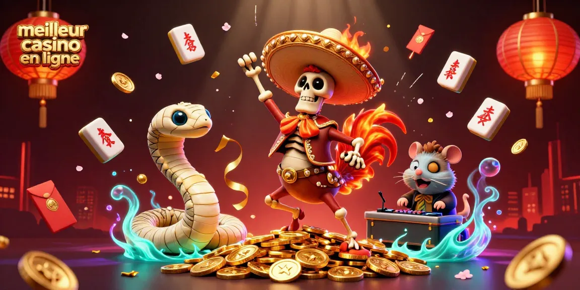 Jouer au meilleur casino en ligne avec une scène festive illustrée, incluant des personnages animés et des éléments de jeu.
