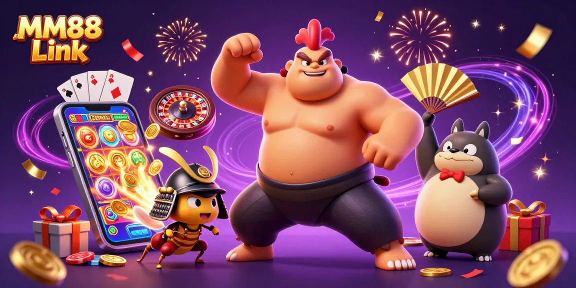 Engage in thrilling gameplay with MM88 Link featuring a sumo wrestler rooster, samurai cricket, and tanuki announcer.