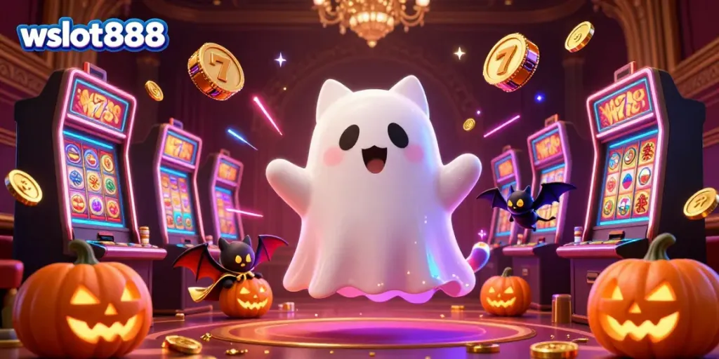 Menangkan jackpot dengan wslot888 dalam suasana fantastis kasino dengan kucing hantu dan bat vampir.