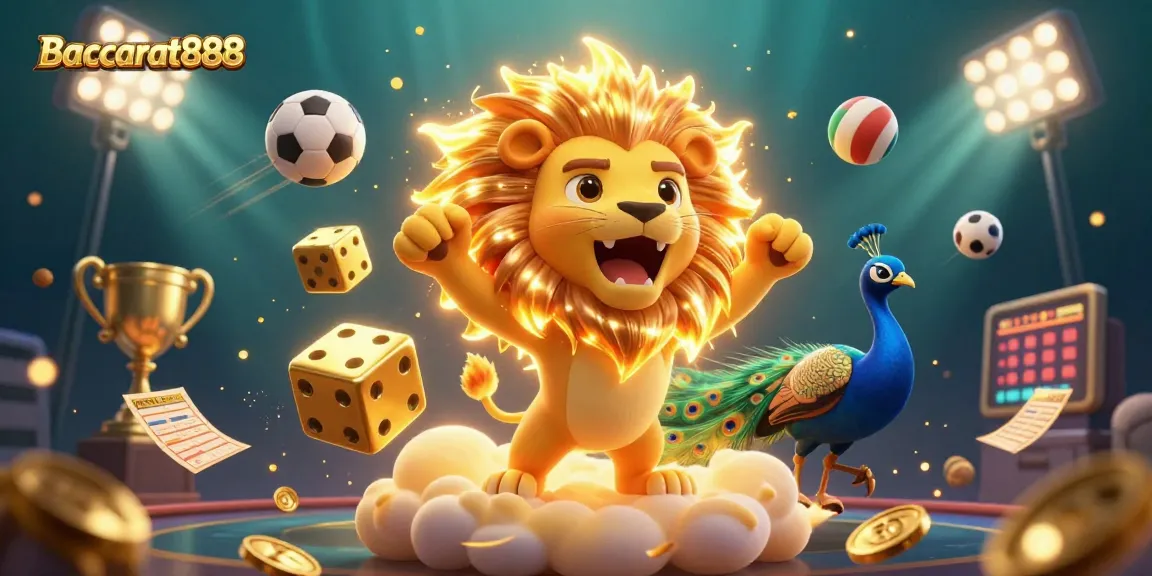 Engage in Baccarat888 gaming with a dynamic 3D casino illustration featuring vibrant characters and action.