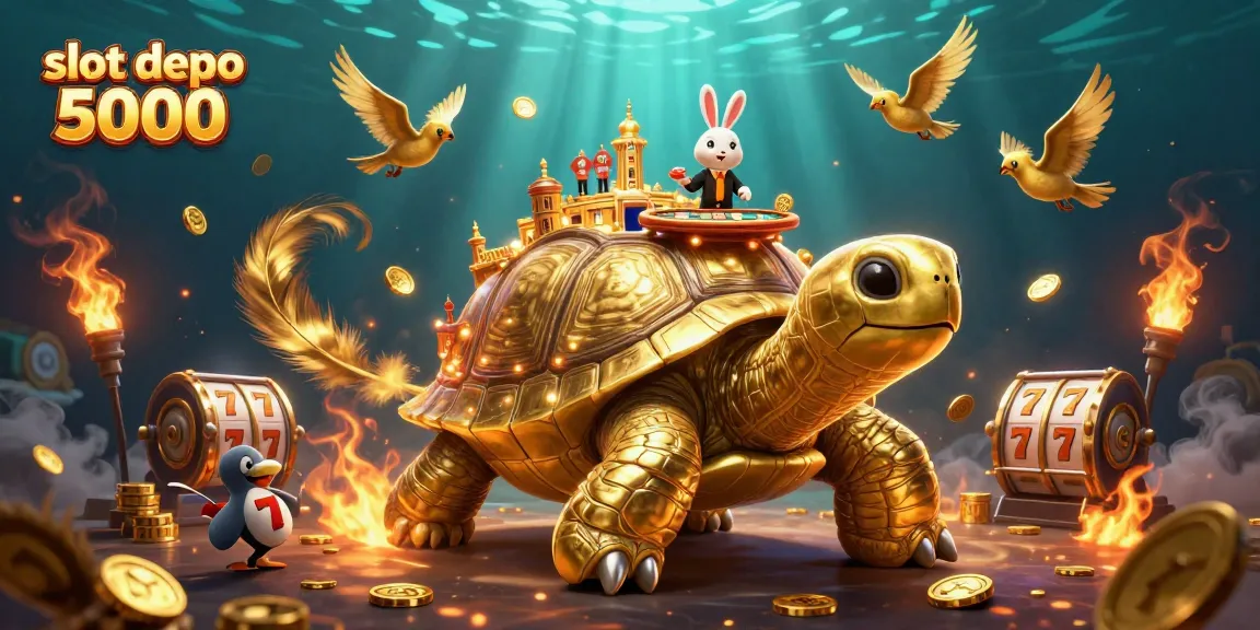 Engage in thrilling gameplay with slot depo 5000 featuring a 3D tortoise casino scene filled with golden coins and excitement.