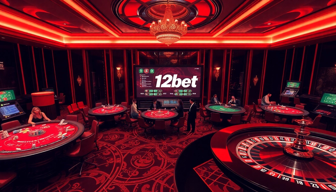 Exciting online gambling atmosphere with 12bet branding, showcasing intense casino scene with players and games.