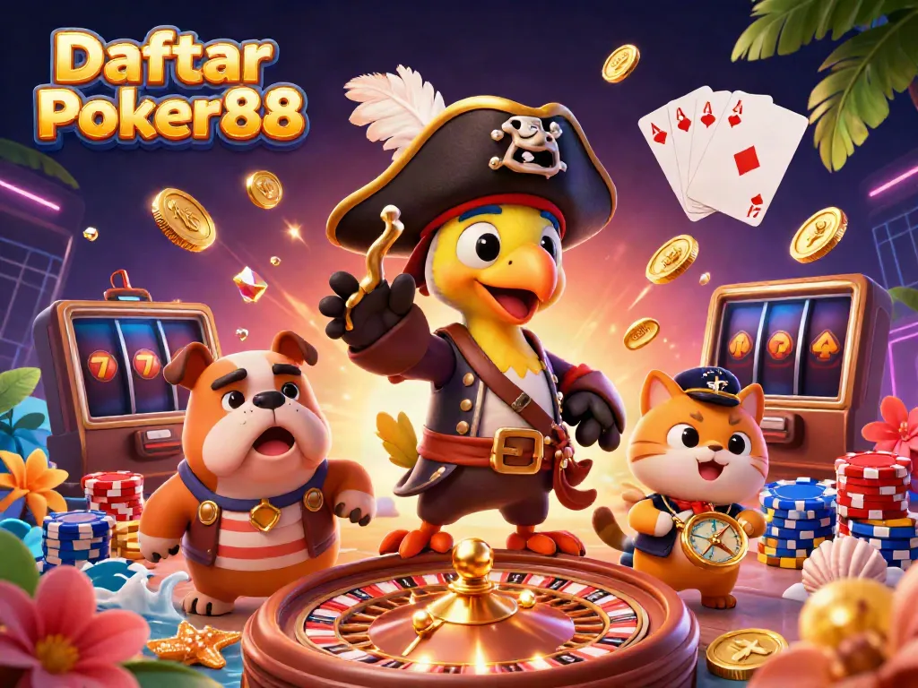 Engage with Daftar Poker88's lively 3D cartoon casino scene featuring poker action, lucky symbols, and animated characters.