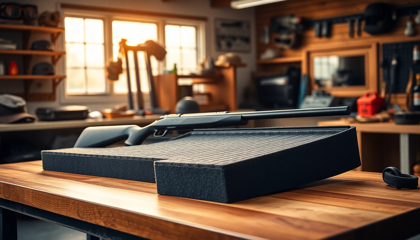 Showcasing foam for rifle case with rugged accessories and warm lighting.