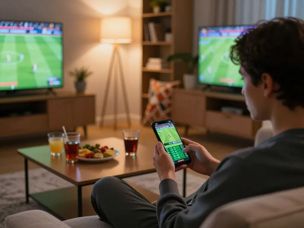 Person engaging in live betting for tin soi kèo using a smartphone at home, creating a strategic gaming atmosphere.