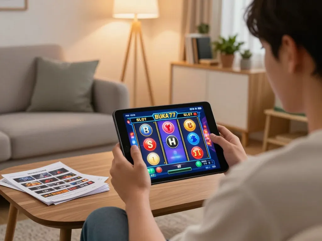 Play BUKA77 SLOT while enjoying a cozy home gaming atmosphere with strategy notes.