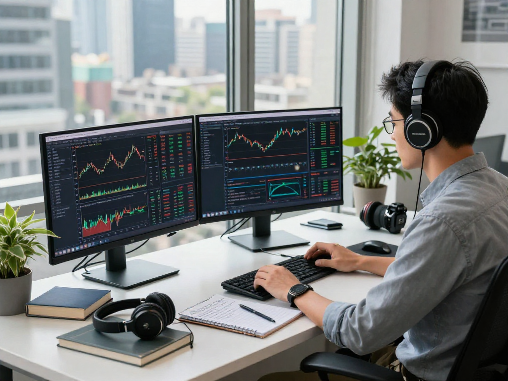 Developer coding on HK stock fundamental data API in a modern finance workspace with multiple screens and city view.