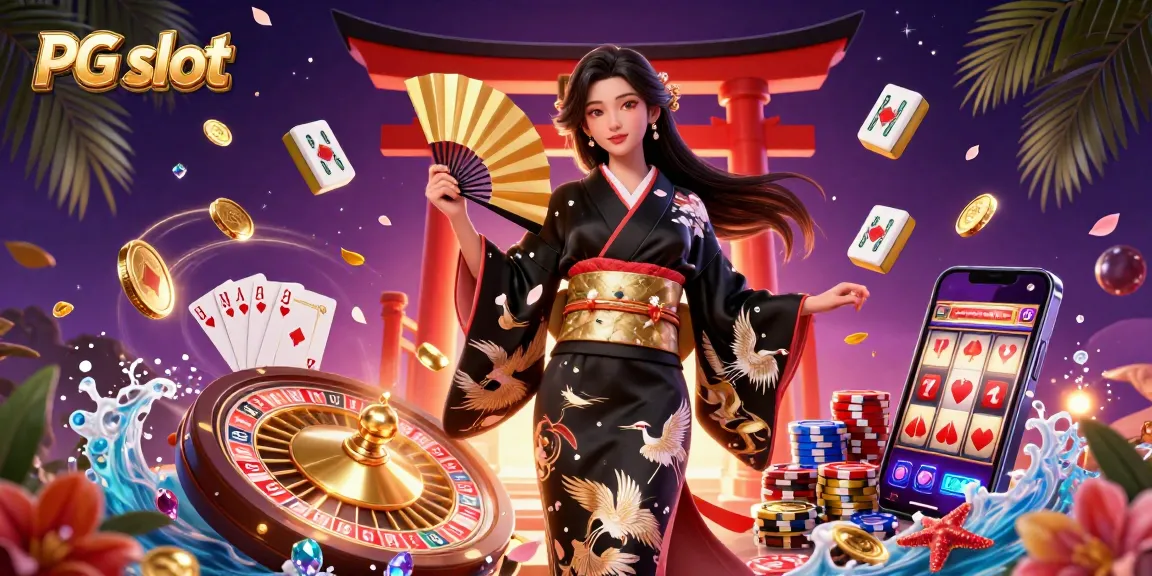 Experience the excitement of PG slot with vibrant illustrations of spinning reels and casino elements.