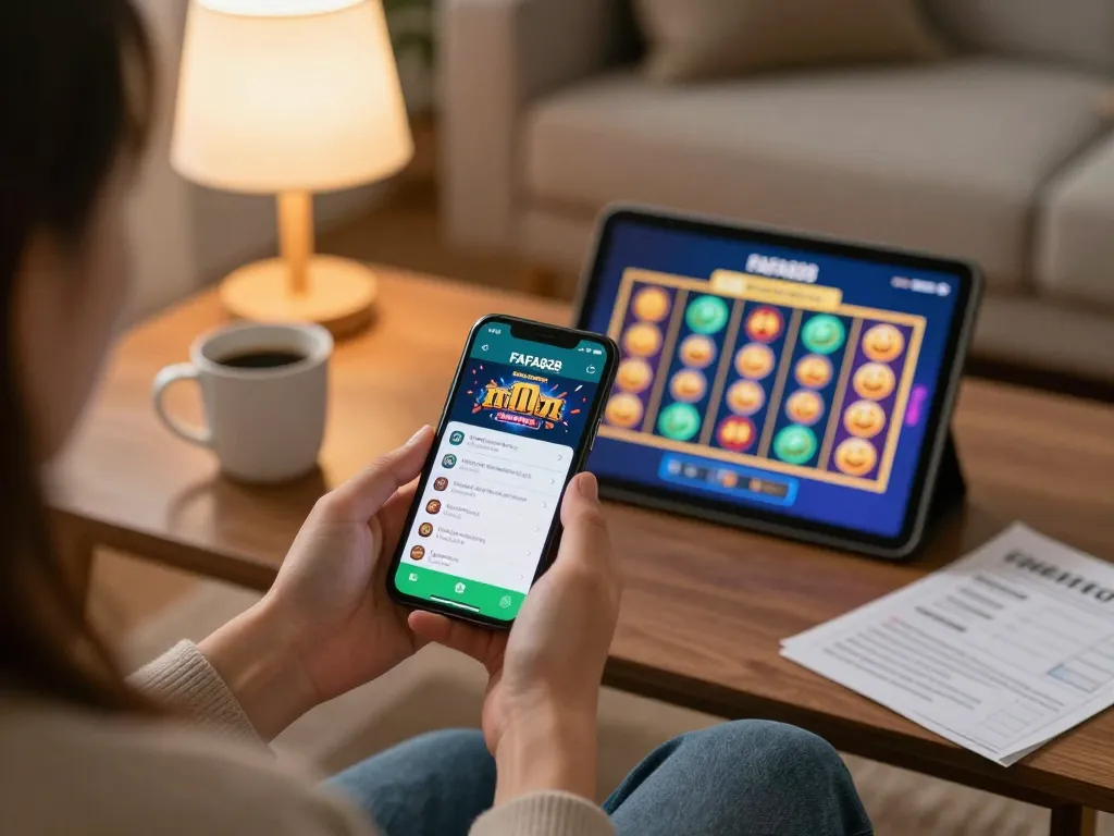 Engaged player using FAFA828 app on smartphone for a seamless gambling experience at home