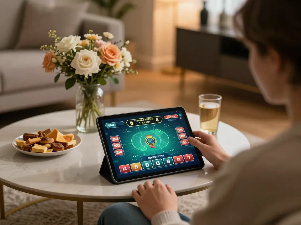 Player enjoying a live dealer game on a tablet, experiencing lc88 entertainment in a cozy home