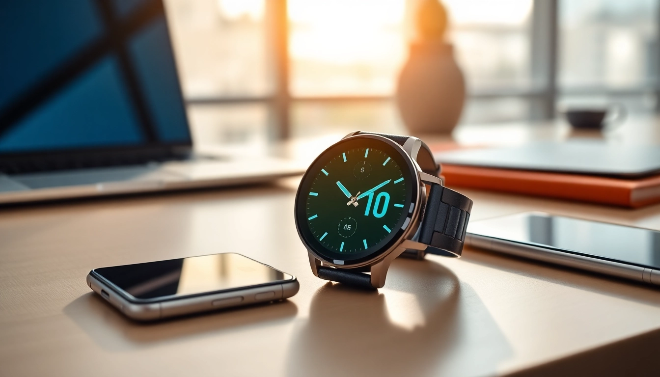 Showcase of a Pulse Smart Watch on a modern desk emphasizing its sleek design and functionality.