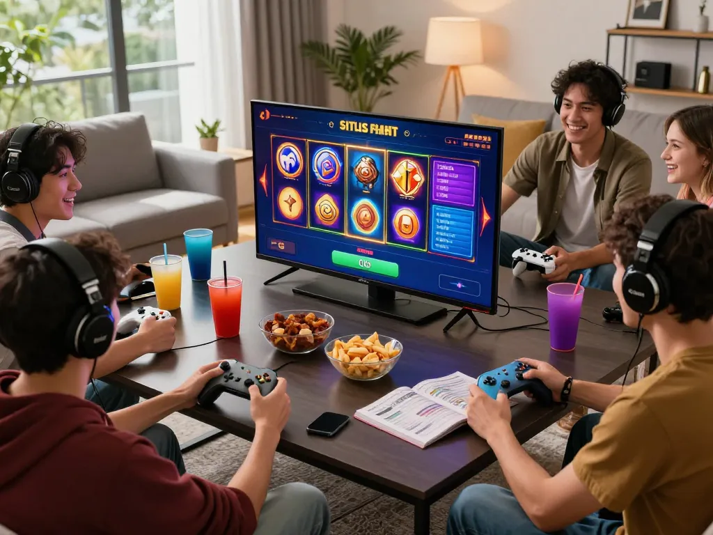 Teman-teman menikmati malam bermain dengan permainan situs slot di layar, suasana meriah dengan makanan ringan dan minuman.