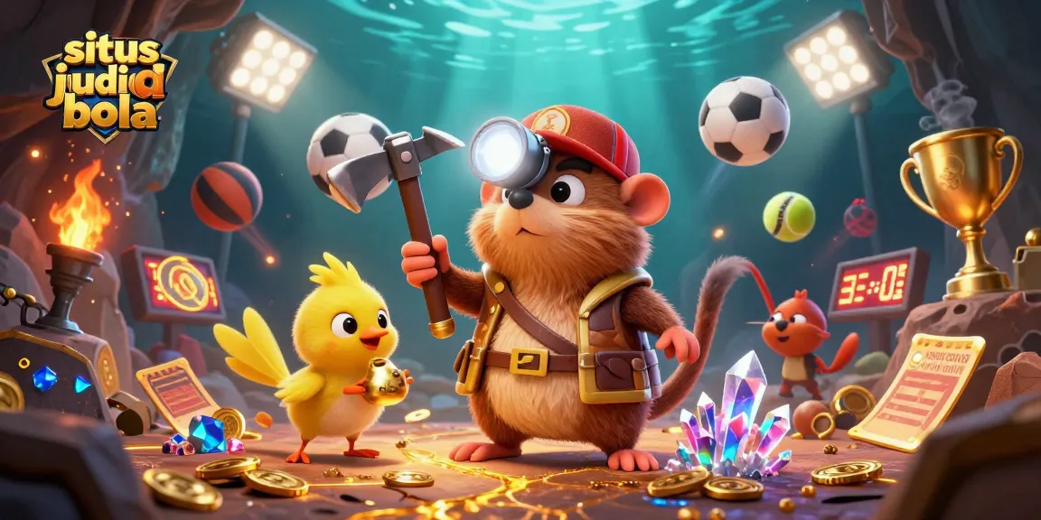 Situs judi bola scene showcasing a treasure hunter mole in a vibrant casino mining experience with dynamic sports elements.