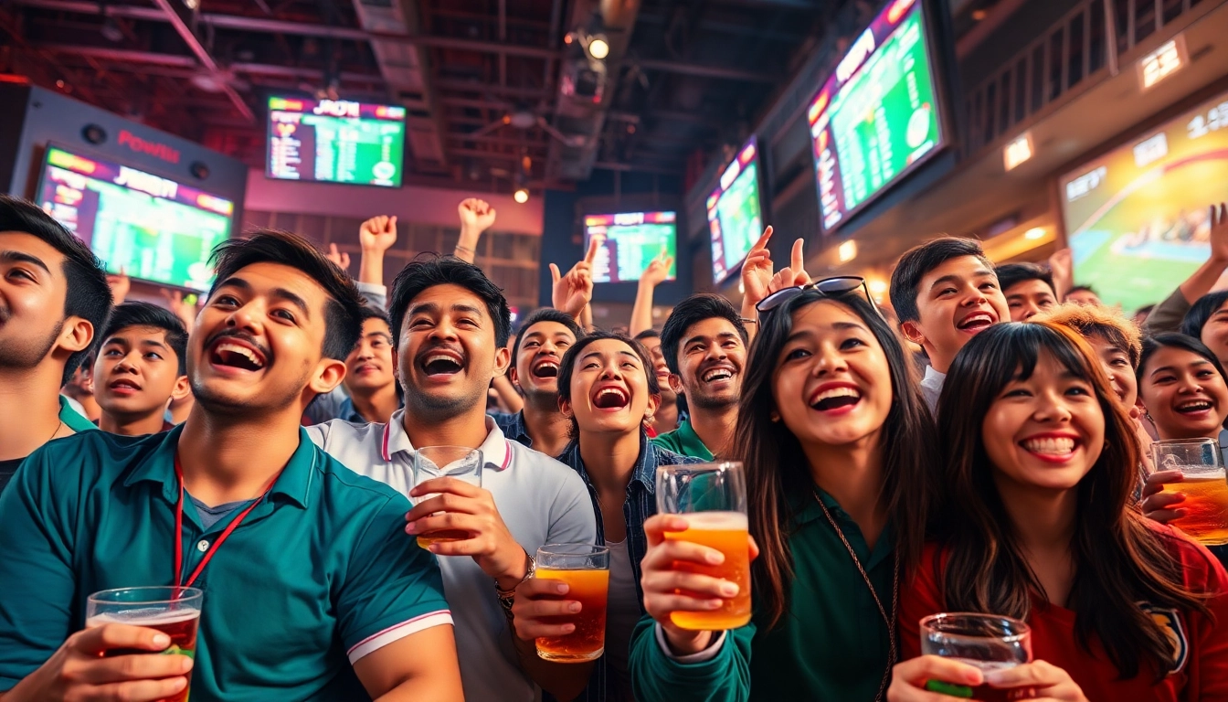 Excited fans enjoying 토토스토리 live sports betting atmosphere with vibrant screens and engaging expressions.