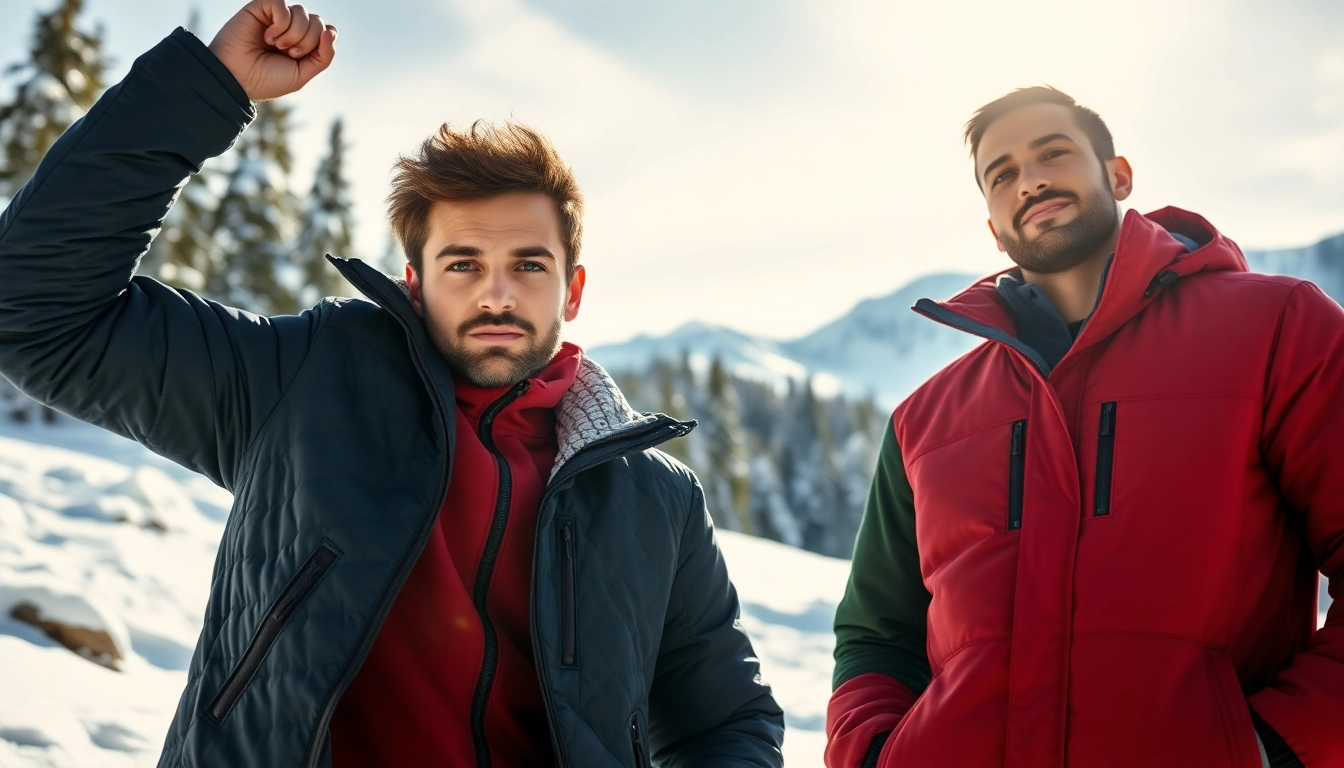 Model showcases men's winter jackets in a snowy environment, highlighting their style and warmth.