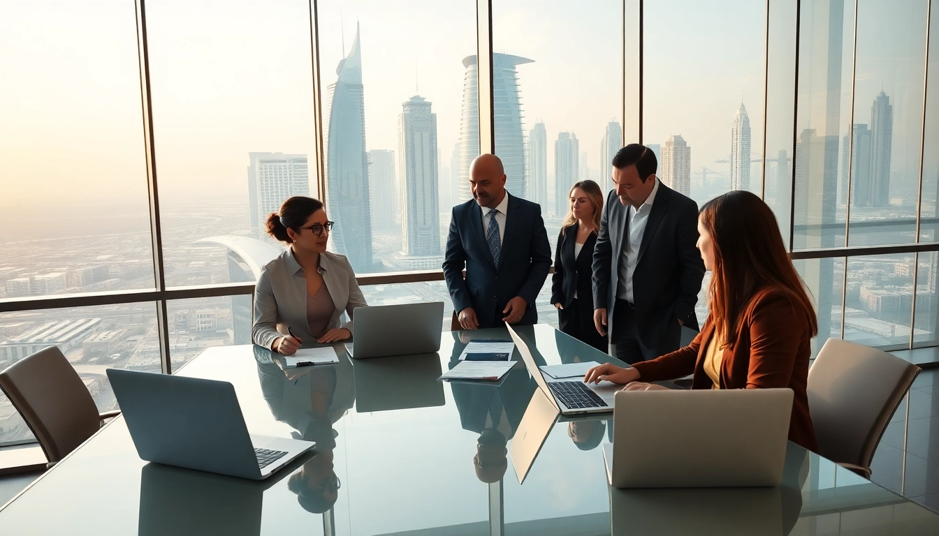 Engaged team discussing business setup company Dubai strategy in a bright modern office.