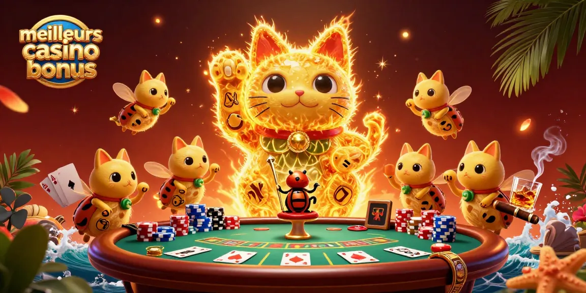 Admirez les meilleurs bonus de casino avec un chat chanceux et des éléments de jeu scintillants.