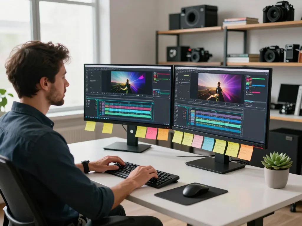Professional video content creator using a video to promptgenerator in a modern office