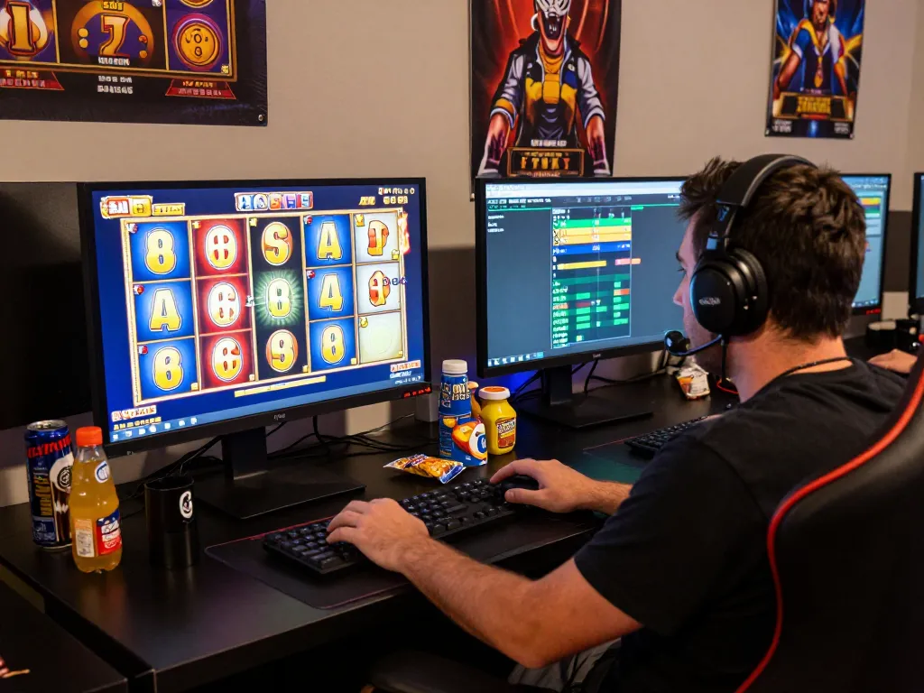 Engaged player experiencing situs gacor online slots with vibrant graphics and winning payouts.