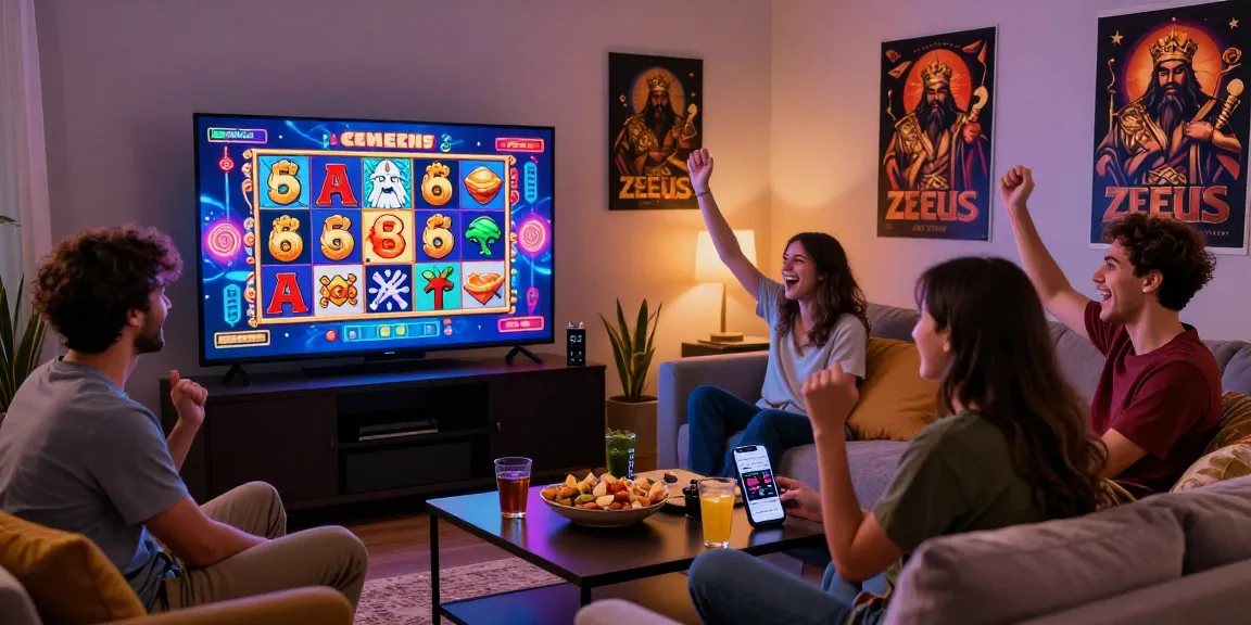 Excited friends celebrating wins while playing slot zeus on TV in a cozy living room.