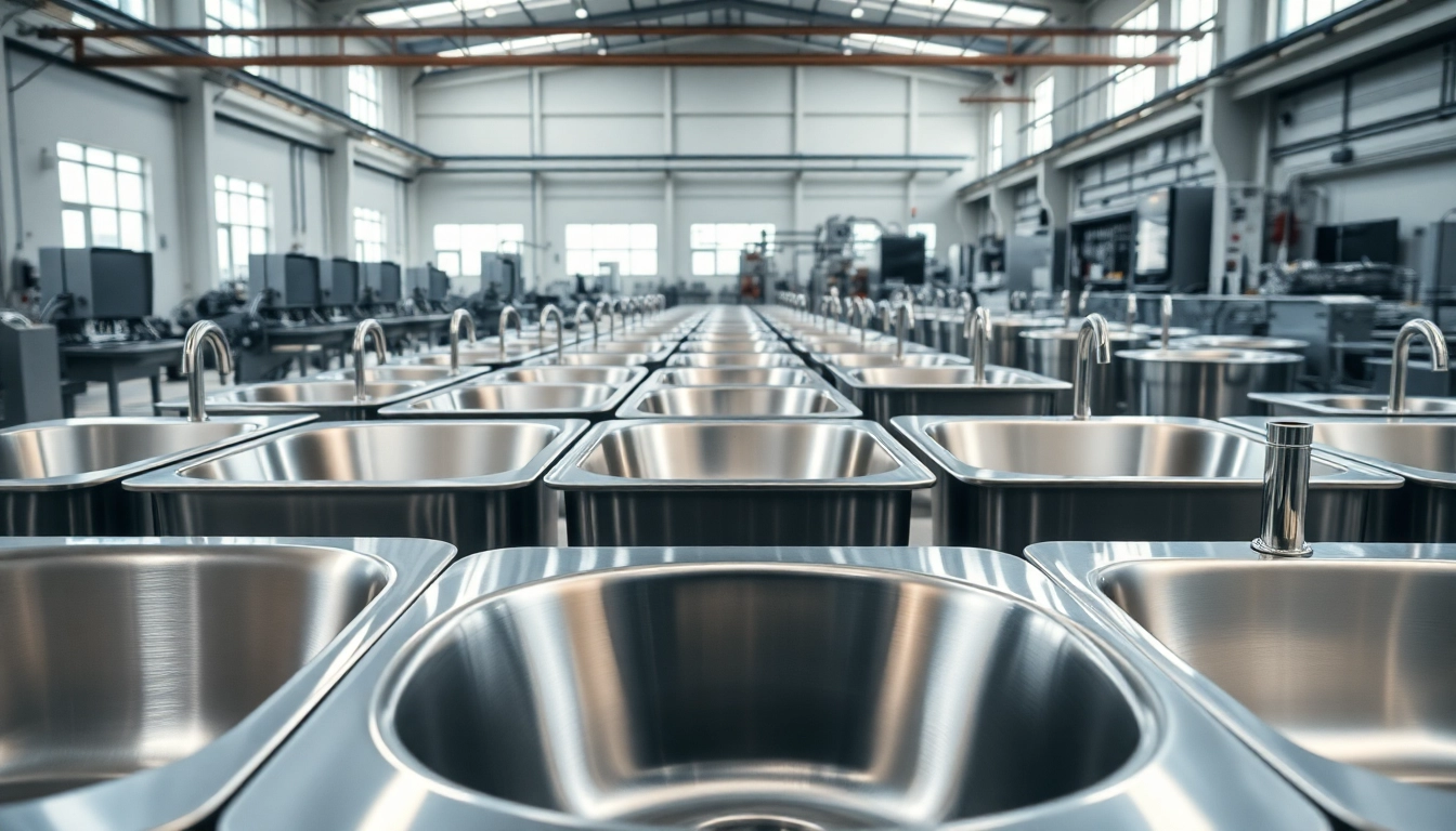 Stainless steel basin factory showcasing polished products in a modern industrial setting.