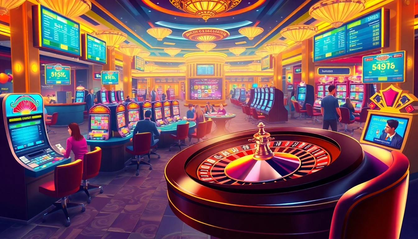 Engaging poker players and vibrant slot machines illustrating bk8th casino activities in a luxurious setting.