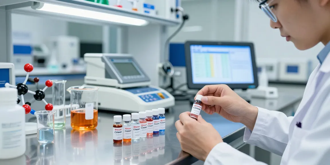 Swiss Chems laboratory scene with scientist analyzing peptide vials and equipment