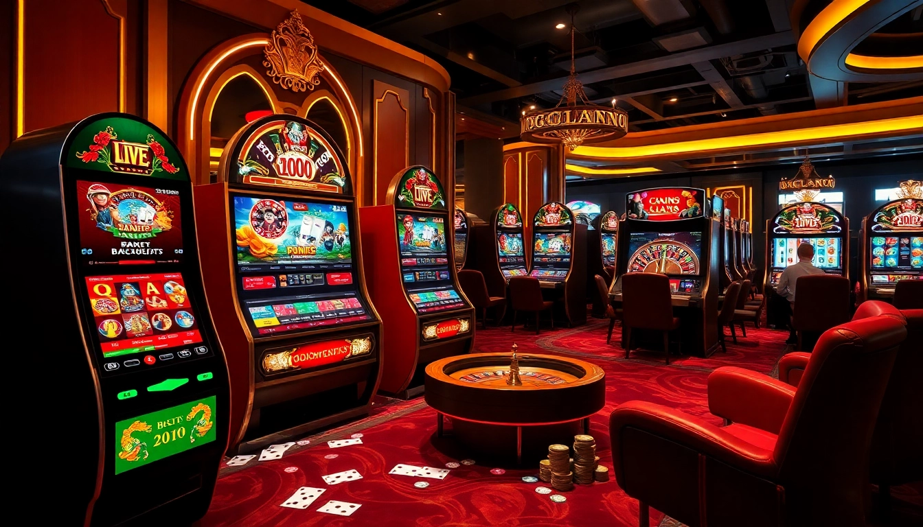 Environnement de casino en ligne France excitant mettant en avant des jeux en direct et des machines à sous vibrantes.