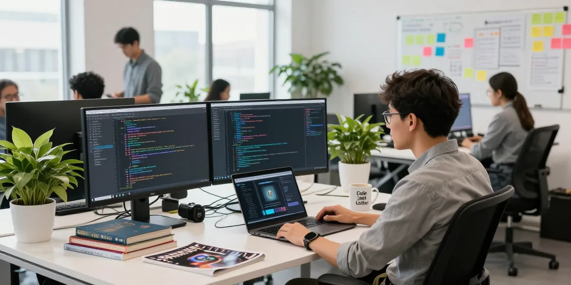 OpenClaw skill setup in a vibrant tech office, featuring a developer with dual monitors showcasing code and application designs.