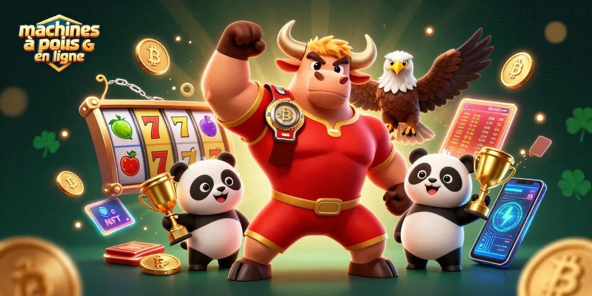 Jouez aux machines à sous en ligne avec cette illustration dynamique de taureau, aigle, et panda.
