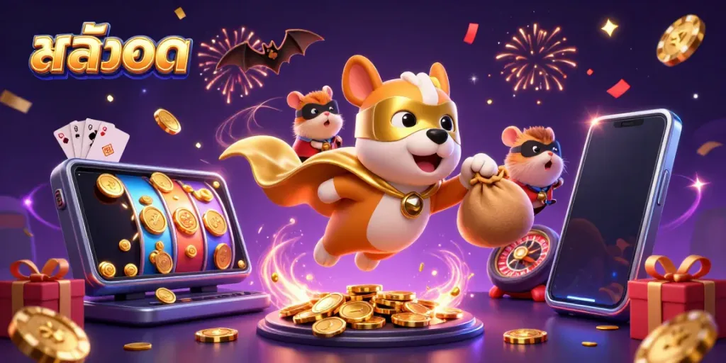Experience thrilling สล็อต action with a superhero dog and sidekick in a vibrant casino scene.